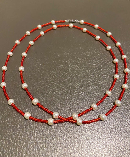 Red Pearl Wire Waist Bead + Anklet Bundle - Adorned in April